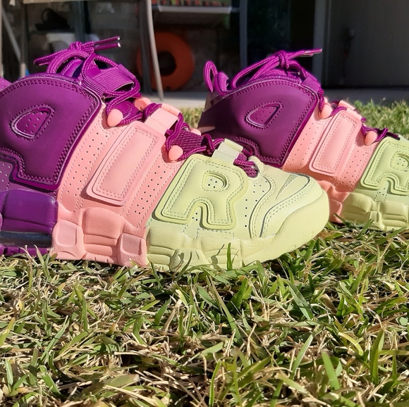 nike uptempo yellow pink purple